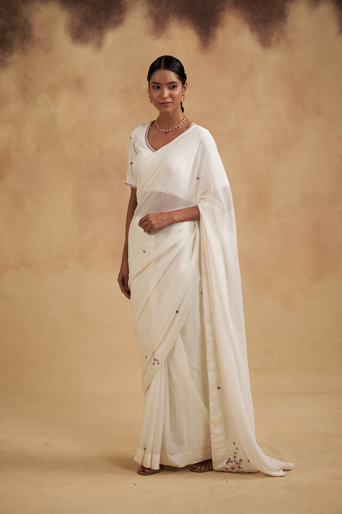 White Saree with Floral Motifs