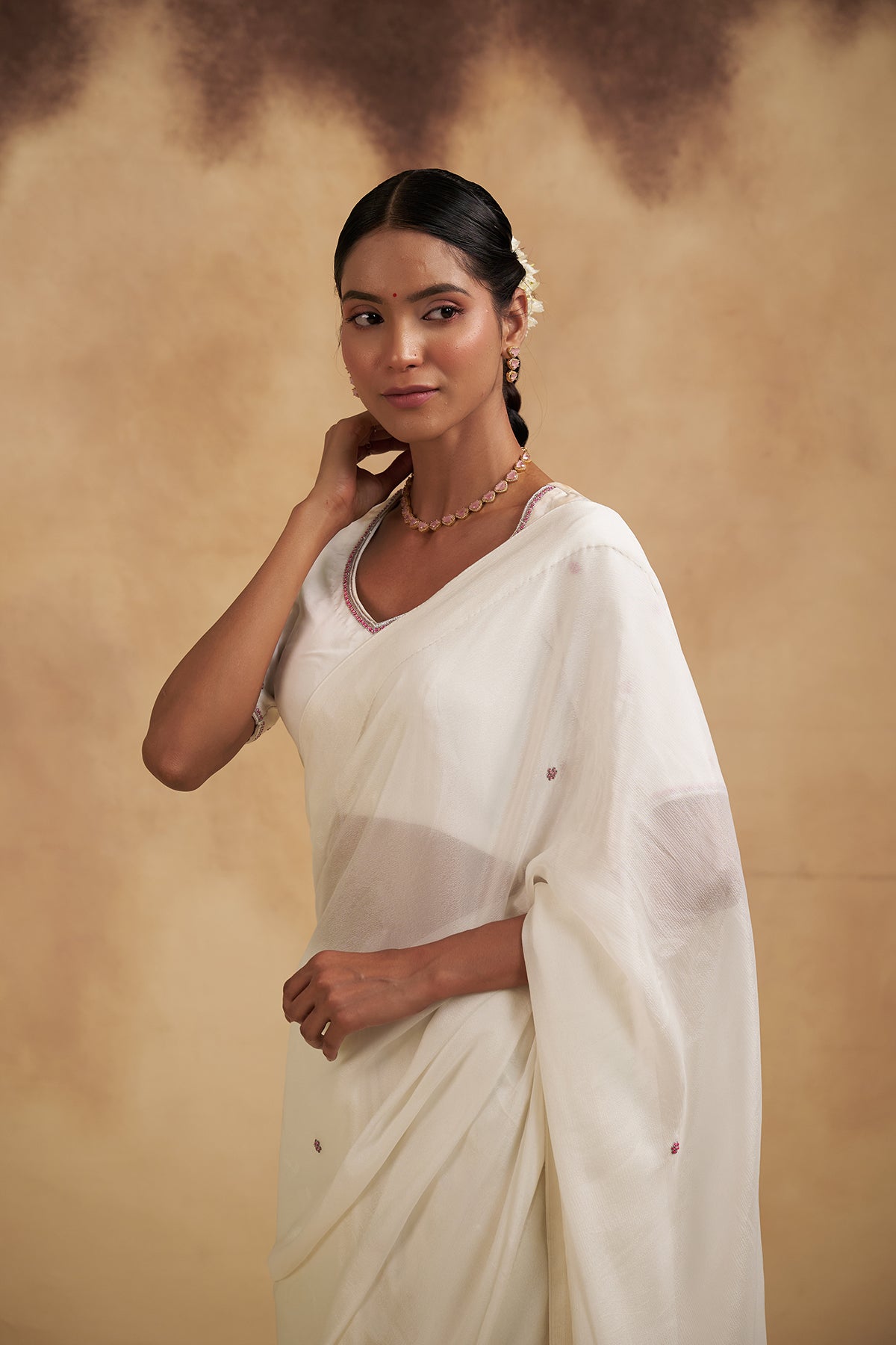 White Saree with Floral Motifs