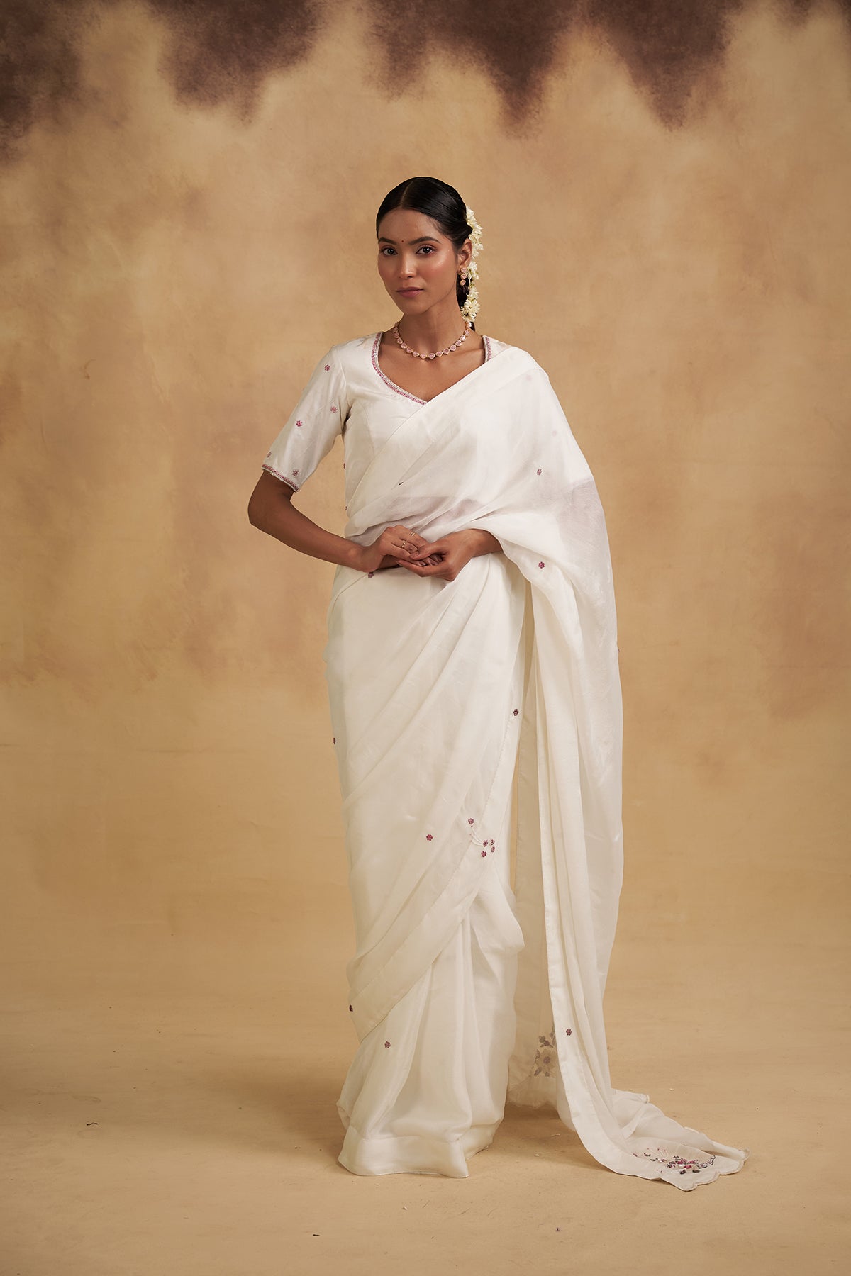 White Saree with Floral Motifs
