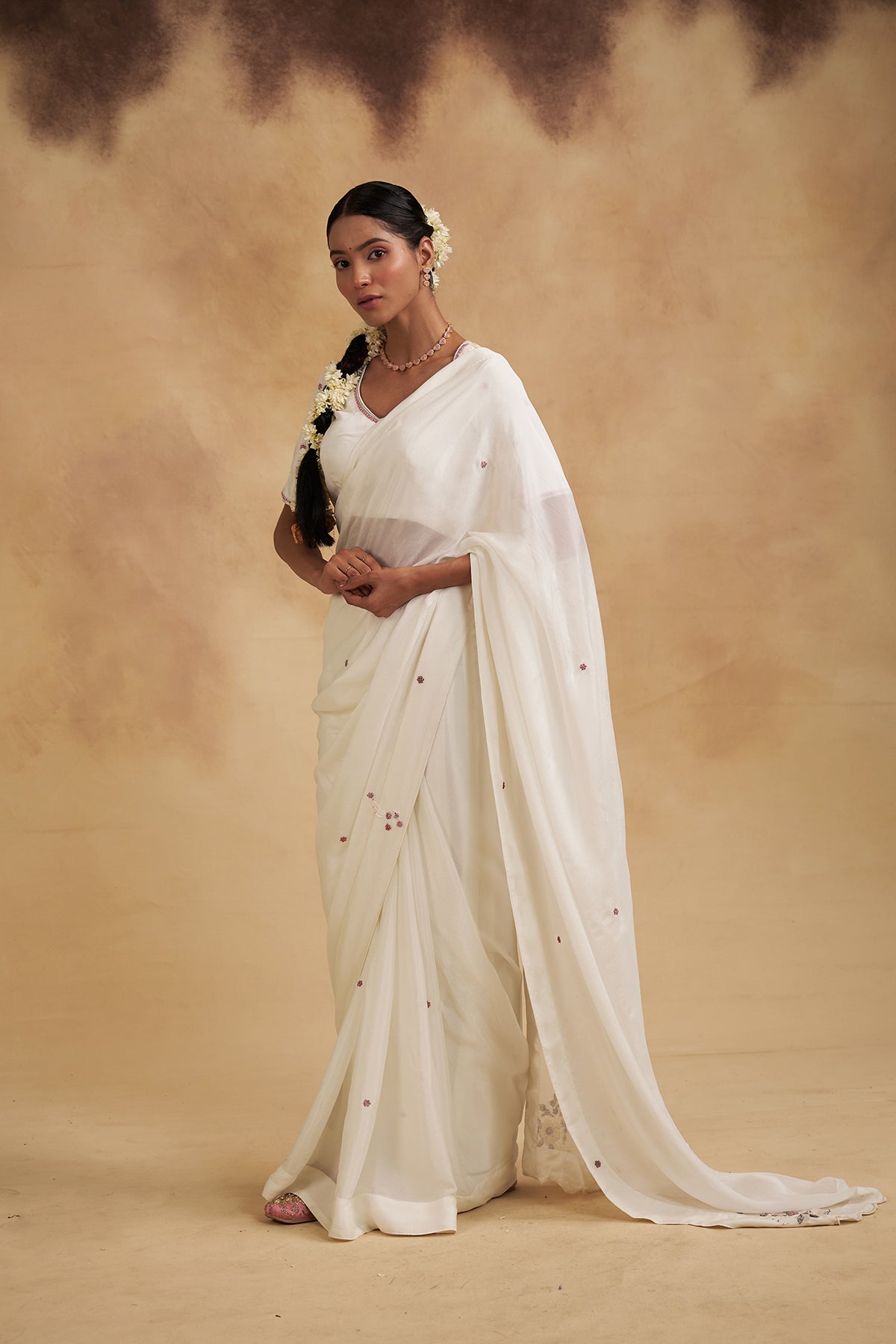 White Saree with Floral Motifs