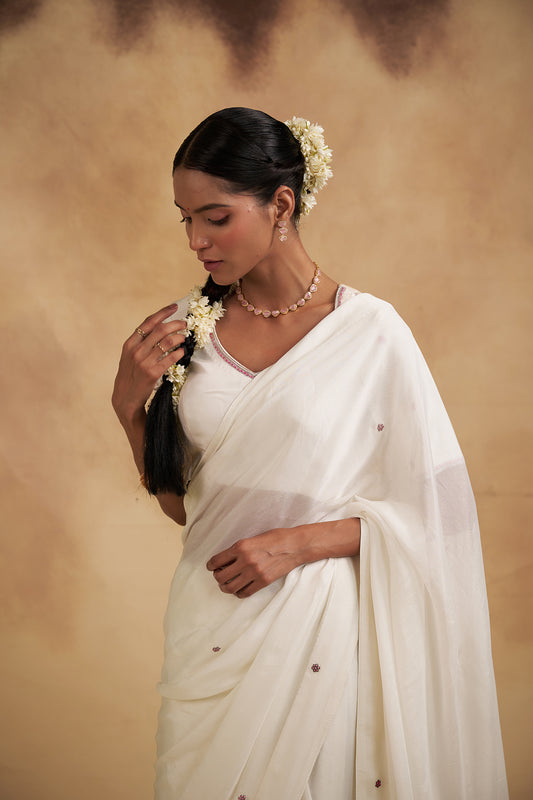 White Saree with Floral Motifs