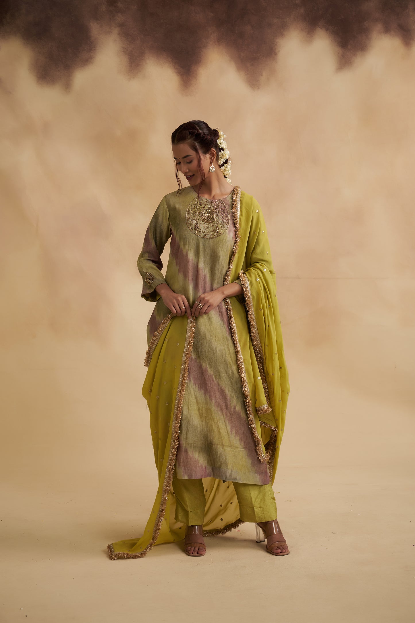 Lemon Green Zari Tissue Silk Suit