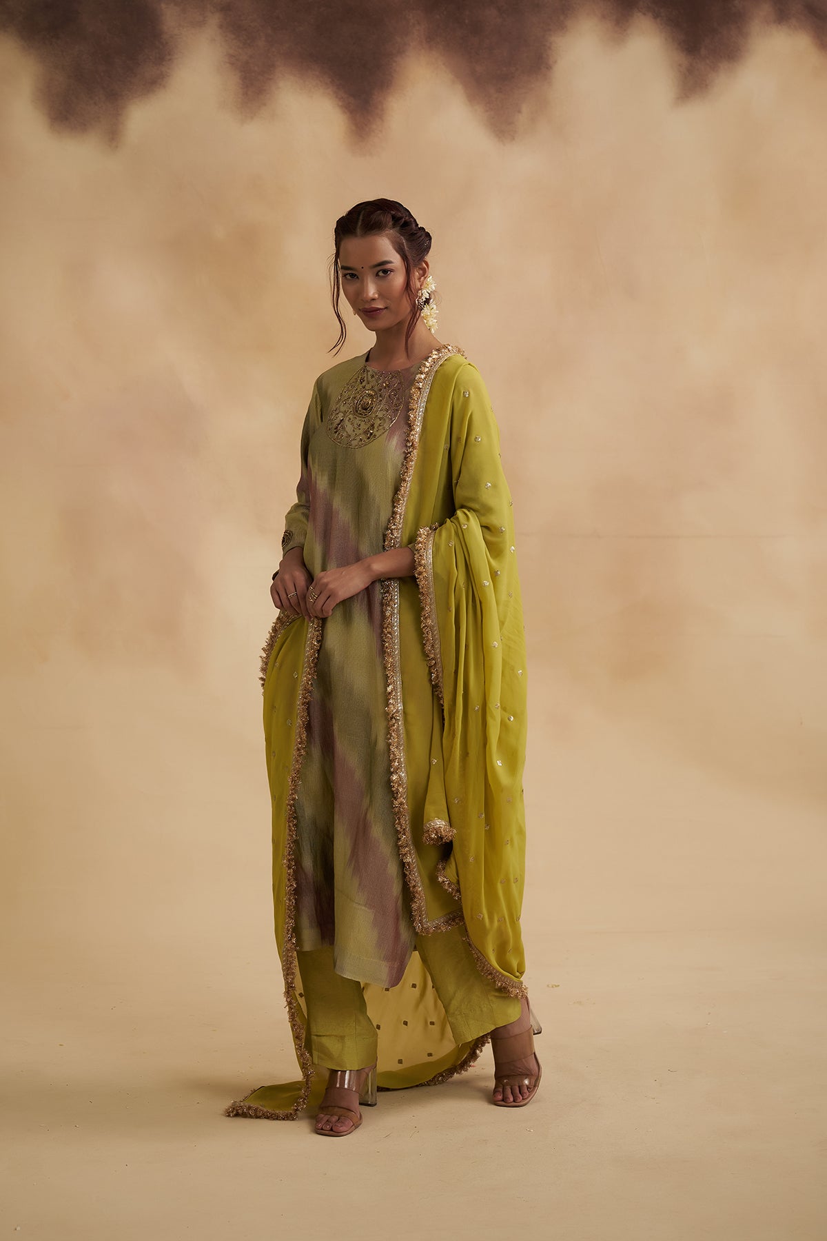 Lemon Green Zari Tissue Silk Suit