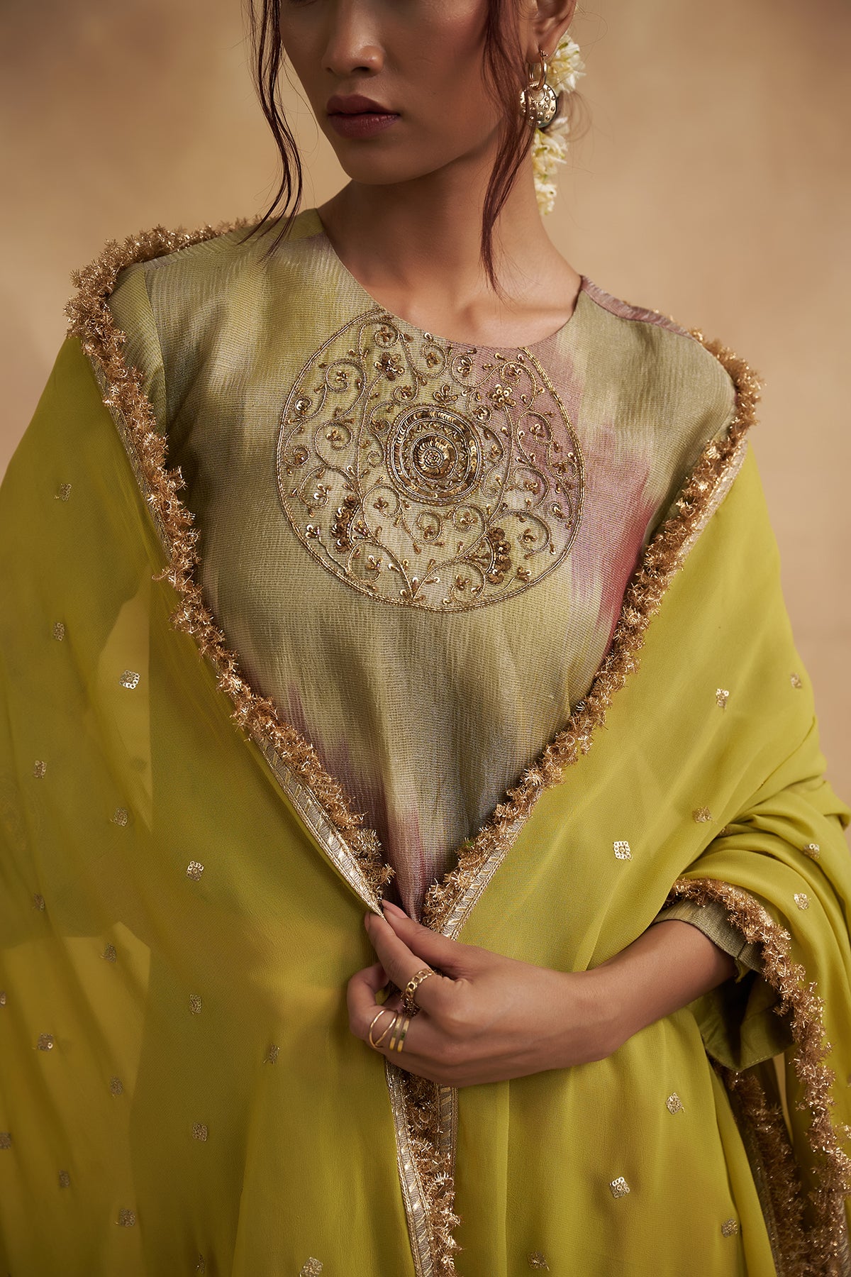 Lemon Green Zari Tissue Silk Suit