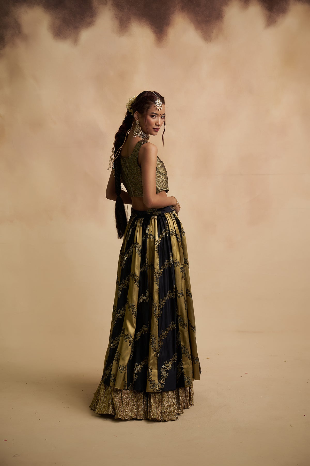Black and Golden Tissue Silk Lehenga