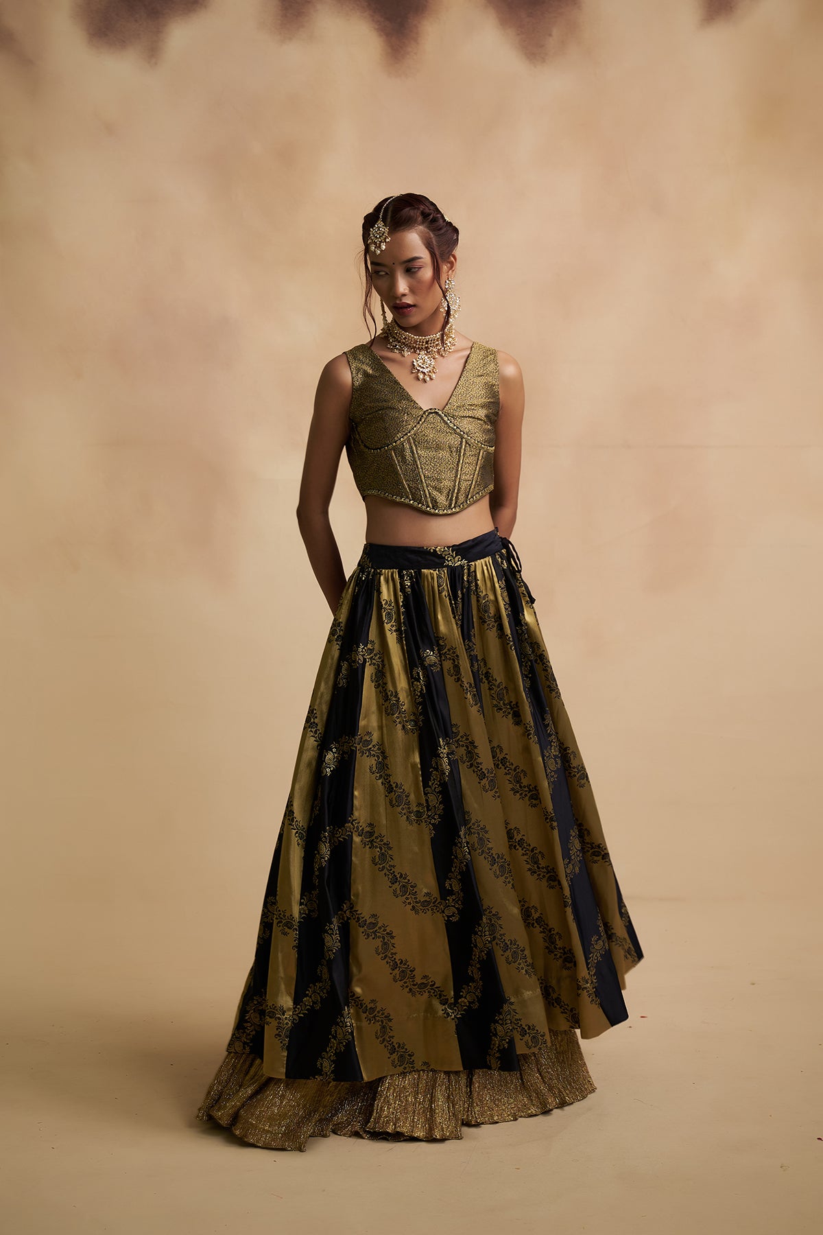 Black and Golden Tissue Silk Lehenga