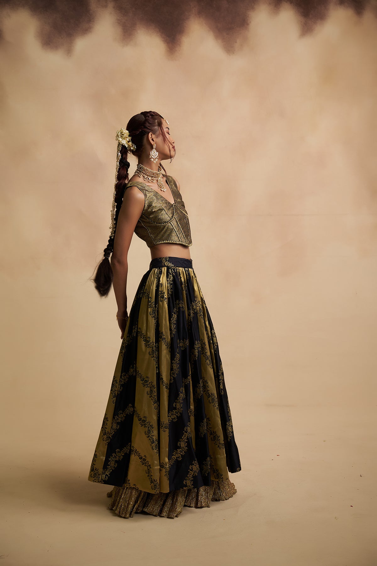 Black and Golden Tissue Silk Lehenga