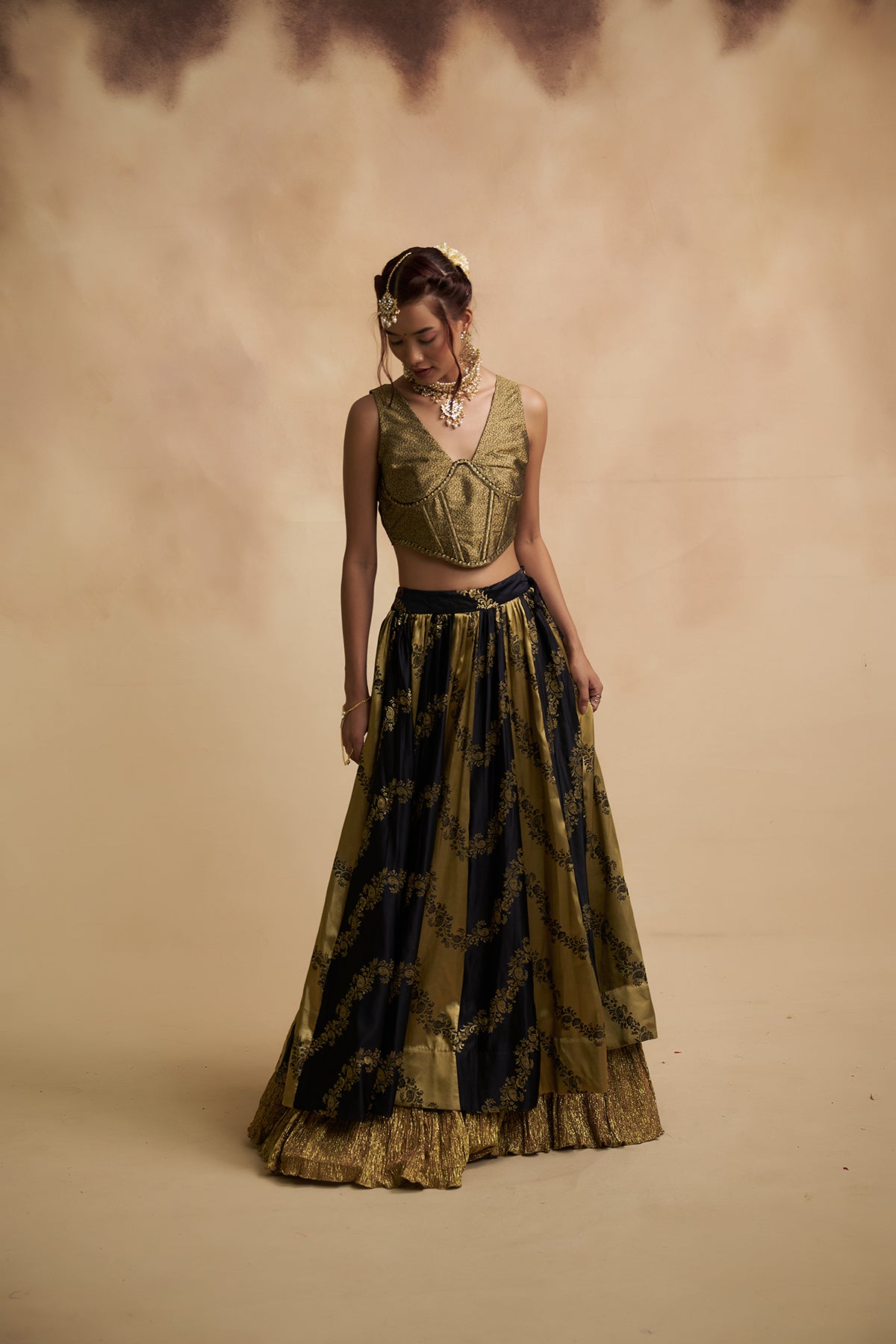 Black and Golden Tissue Silk Lehenga