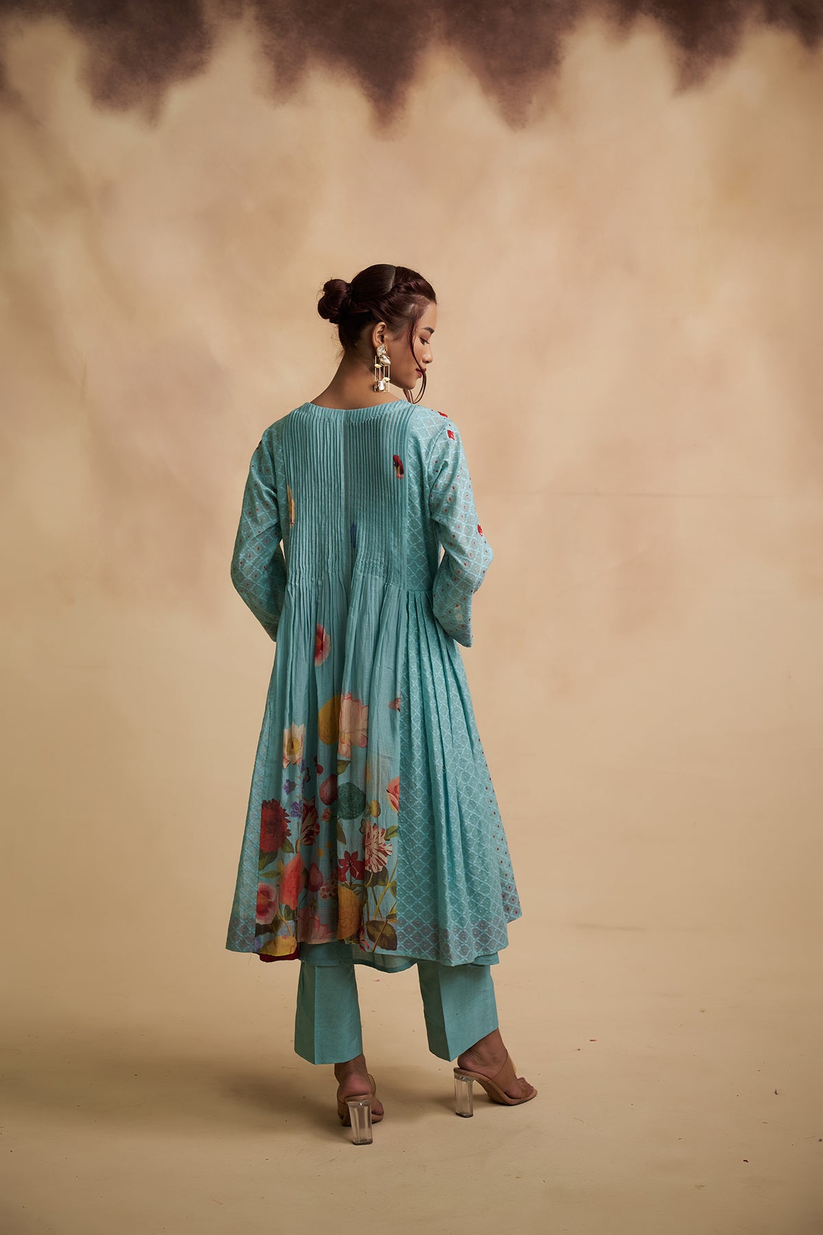 Pleated Blue Mul Chanderi Sequins Detailing Suit