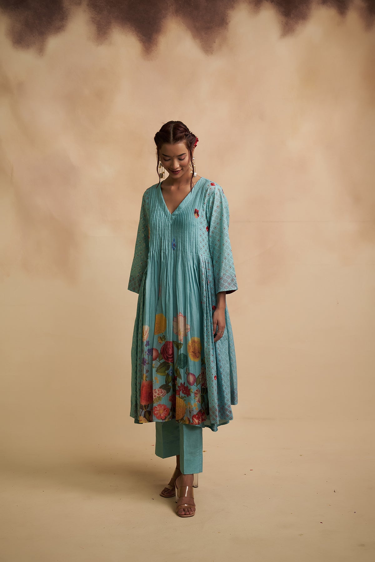 Pleated Blue Mul Chanderi Sequins Detailing Suit
