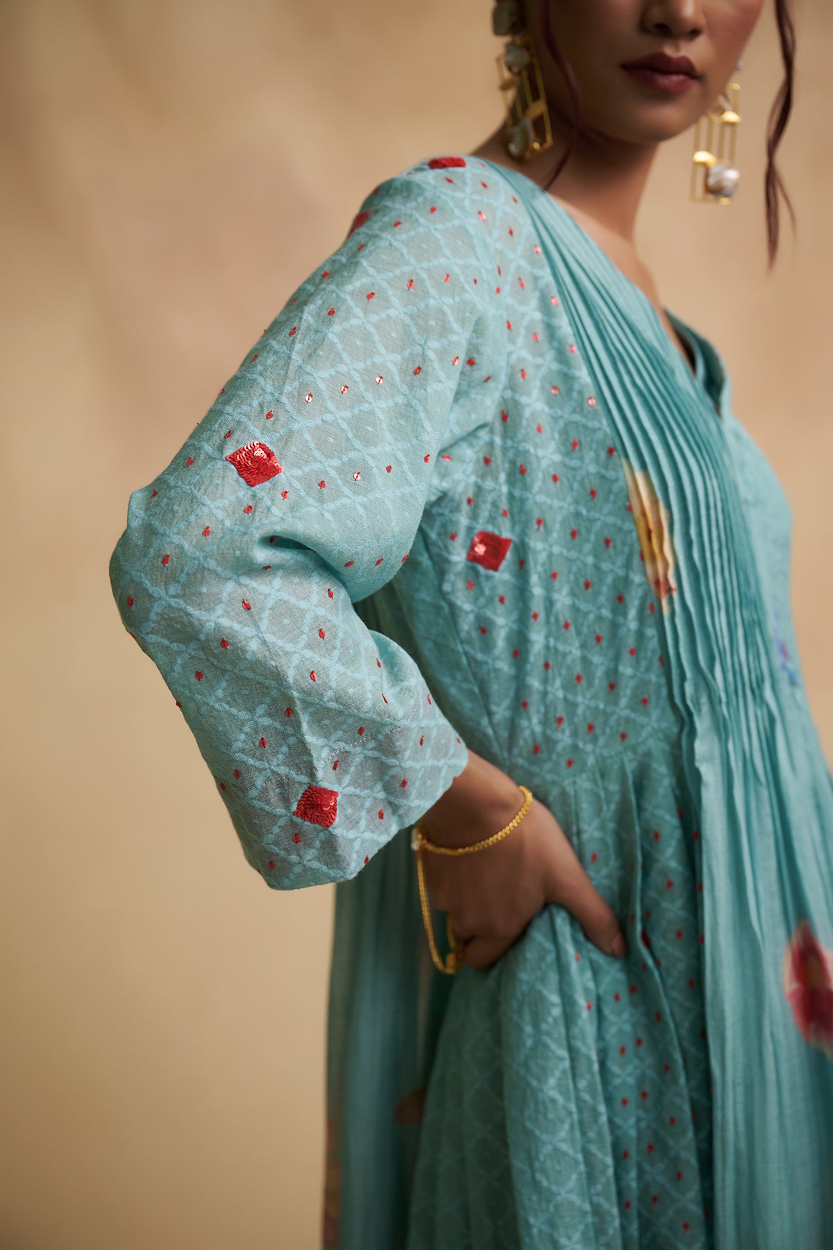 Pleated Blue Mul Chanderi Sequins Detailing Suit