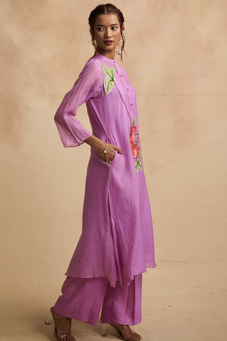 Lavender Mul Chanderi Patch Detailing Suit
