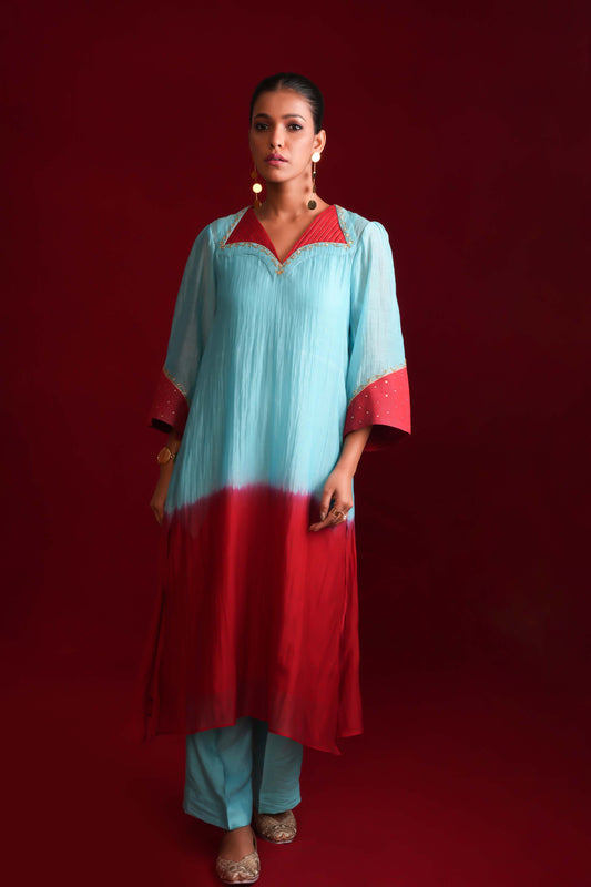 RED & AQUA BLUE LEHAR SUIT SET