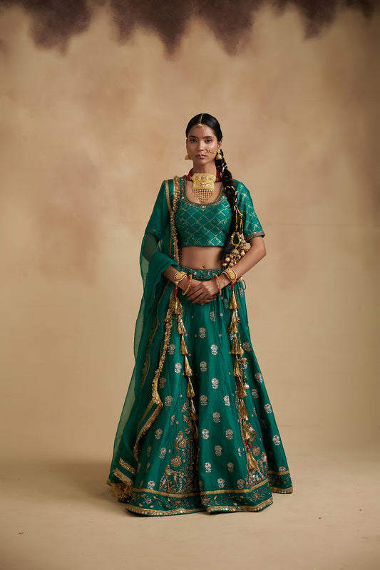 Green Chiniya Silk Lehenga