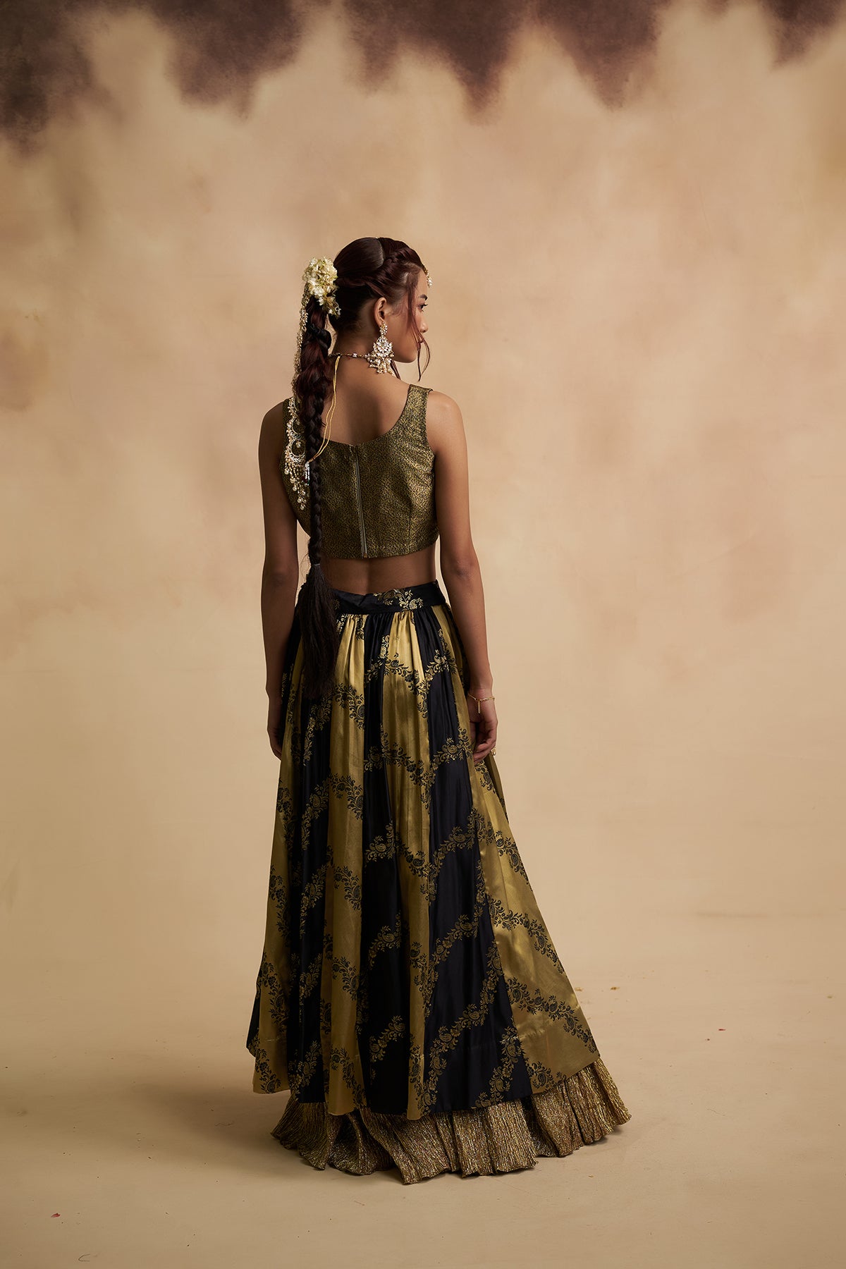 Black and Golden Tissue Silk Lehenga