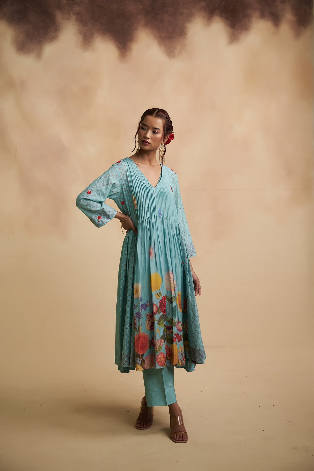 Pleated Blue Mul Chanderi Sequins Detailing Suit