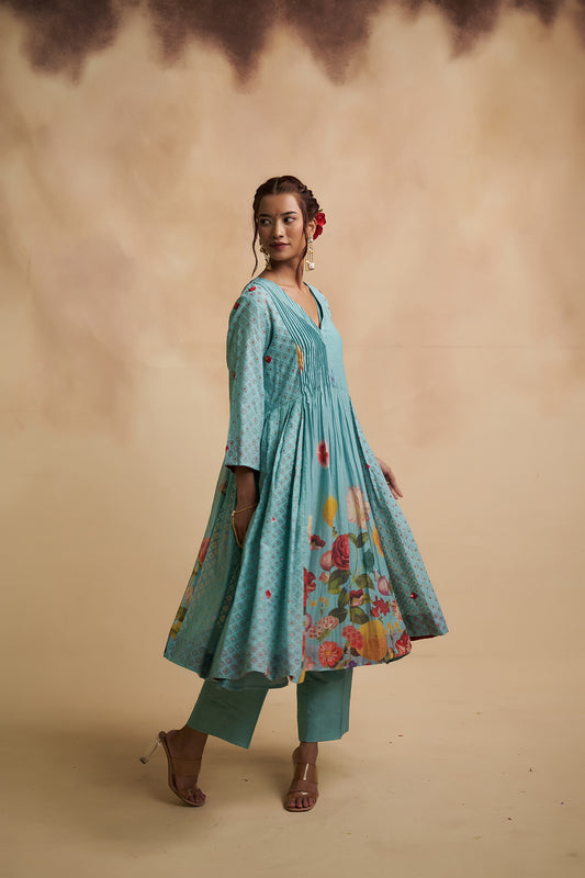 Pleated Blue Mul Chanderi Sequins Detailing Suit