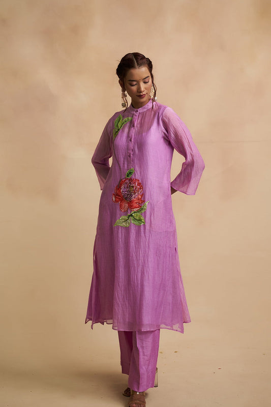 Lavender Mul Chanderi Patch Detailing Suit